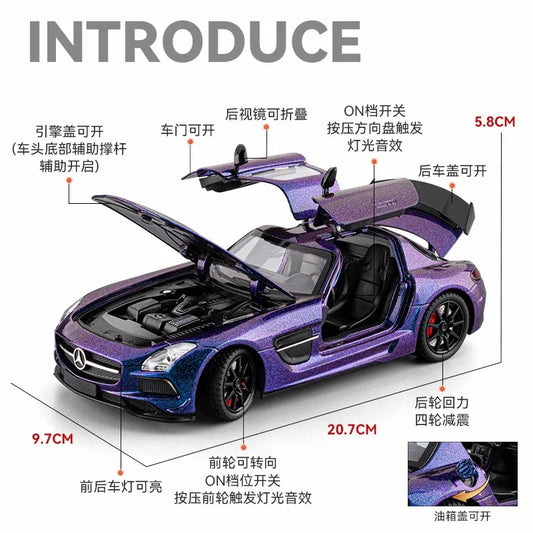 1:24 Benz SLS AMG Diecast Alloy Model Car With Sound And Light Pull Back - ToylandEU