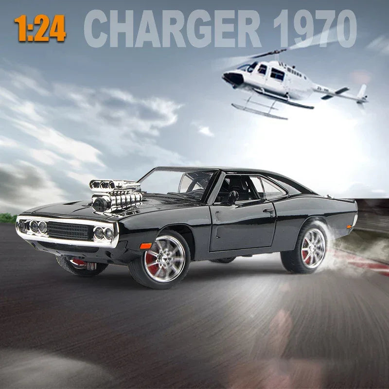 1:24 Dodge Charger 1970 Diecast Car, Black, Metal And Plastic, Sound And Light - ToylandEU