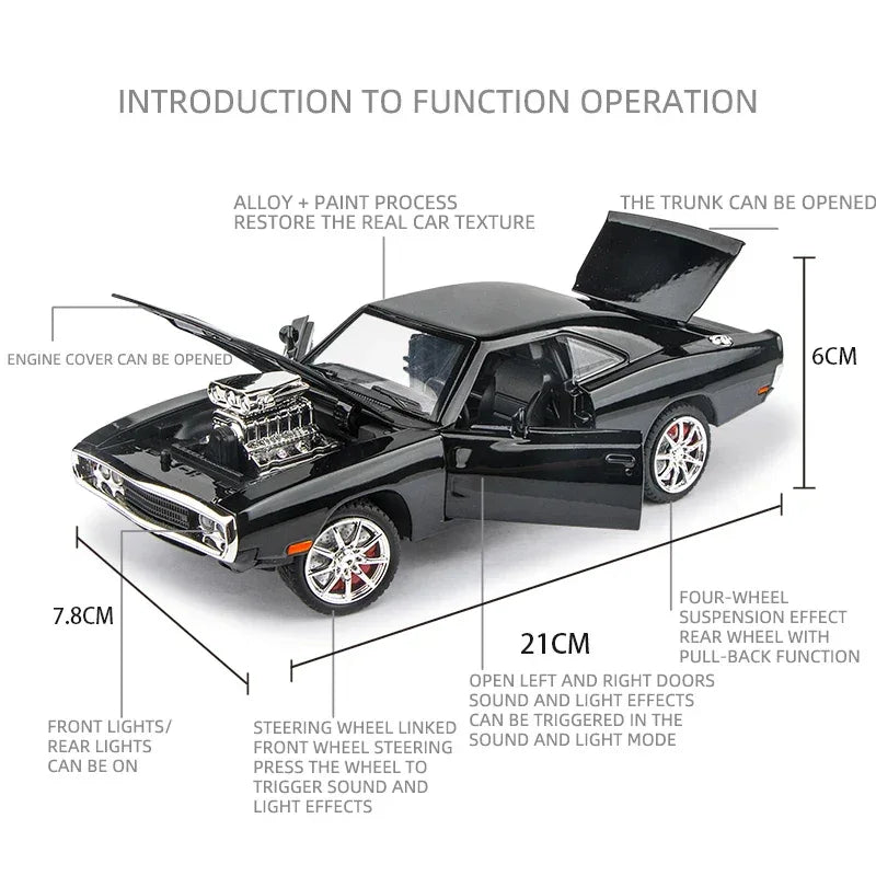 1:24 Dodge Charger 1970 Diecast Car, Black, Metal And Plastic, Sound And Light - ToylandEU