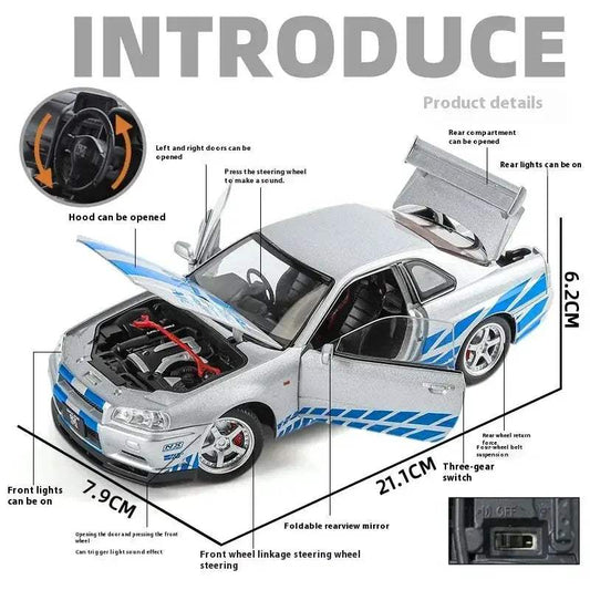  1 24 Nissan GTR R34 Diecast Metal Car Sound and Light -  ToylandEU™