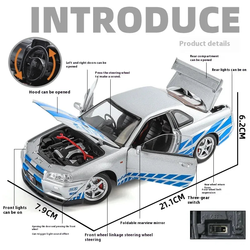 1:24 Nissan GTR R34 Skyline Alloy Diecast Car Model With Sound Light Pull-Back - ToylandEU