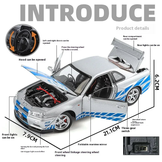 1:24 Nissan GTR R34 Skyline Alloy Diecast Car Model With Sound Light Pull-Back - ToylandEU