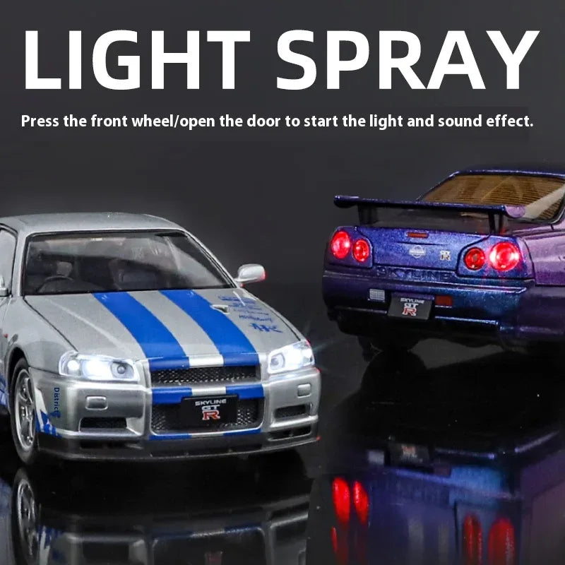 1:24 Nissan GTR R34 Skyline Alloy Diecast Car Model With Sound Light Pull-Back - ToylandEU