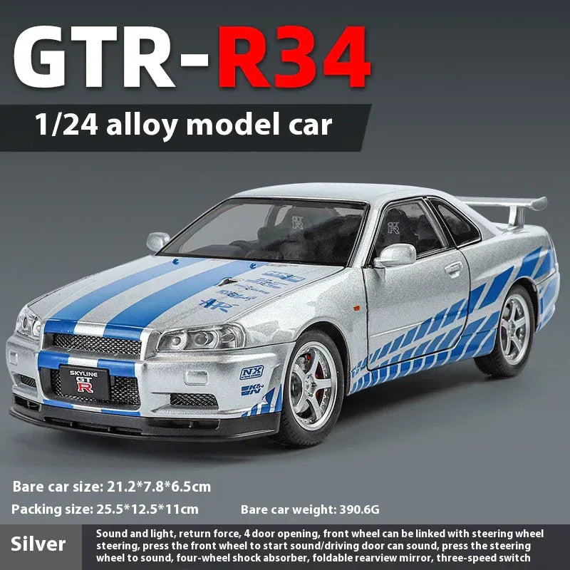 1:24 Nissan GTR R34 Skyline Alloy Diecast Car Model With Sound Light Pull-Back - ToylandEU