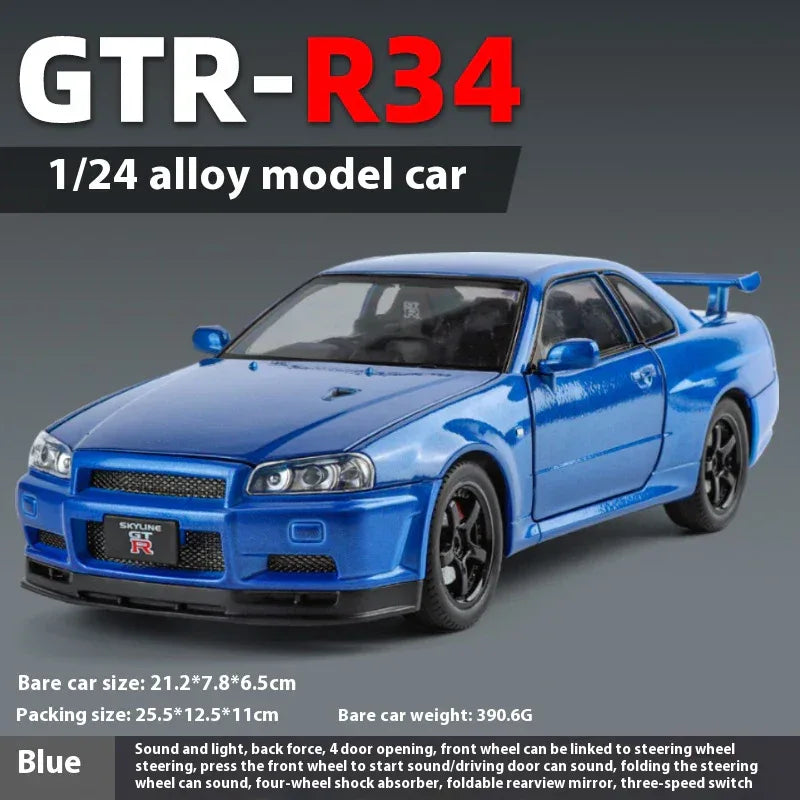 1:24 Nissan GTR R34 Skyline Alloy Diecast Car Model With Sound Light Pull-Back - ToylandEU