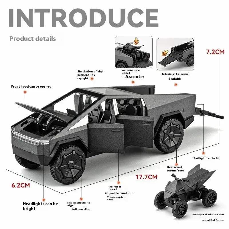 1:32 Diecast Cybertruck Offroad Alloy Car Pull Back Metal Model - ToylandEU