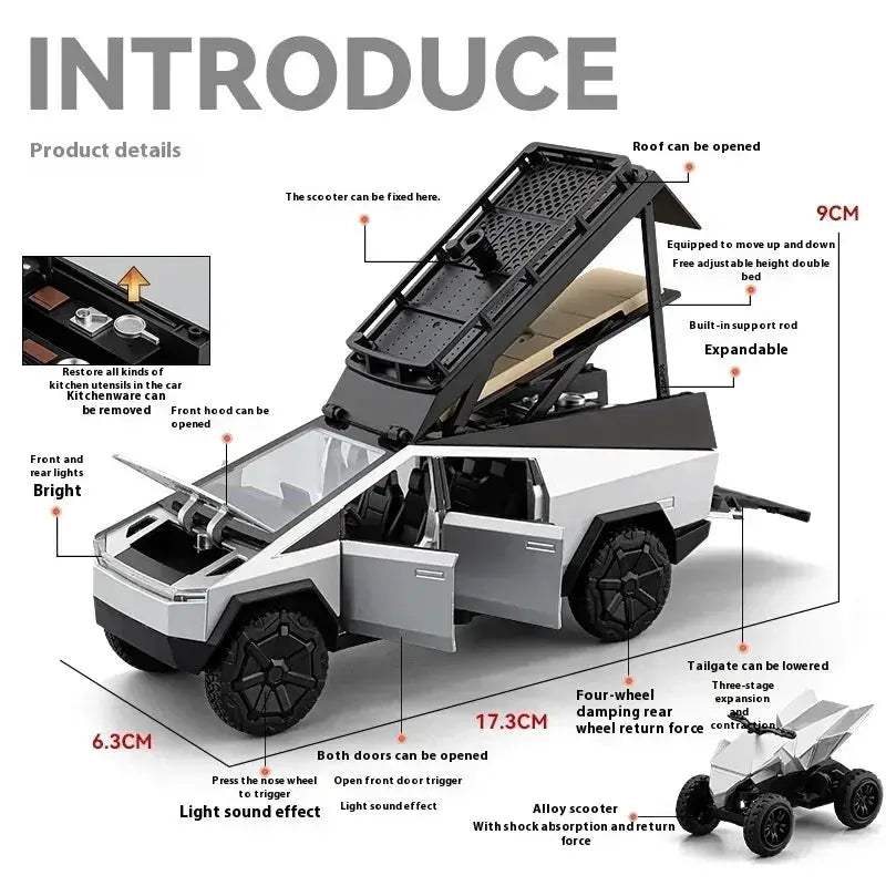 1:32 Diecast Metal Cybertruck RV Off Road Toy Car With Sound Light - ToylandEU