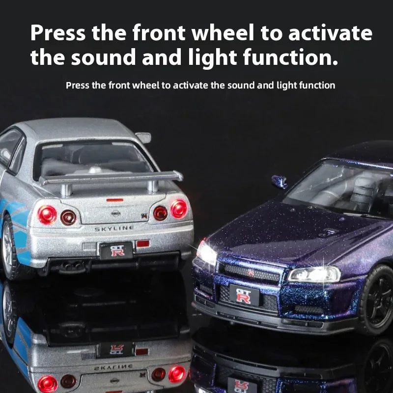 1:32 Diecast Metal Nissan GTR R34 Skyline Sound And Light Model - ToylandEU