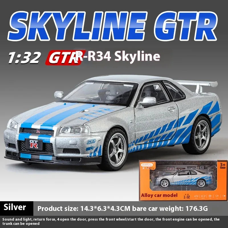 1:32 Diecast Metal Nissan GTR R34 Skyline Sound And Light Model - ToylandEU