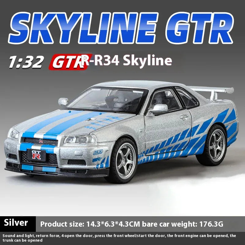 1:32 Diecast Metal Nissan GTR R34 Skyline Sound And Light Model - ToylandEU
