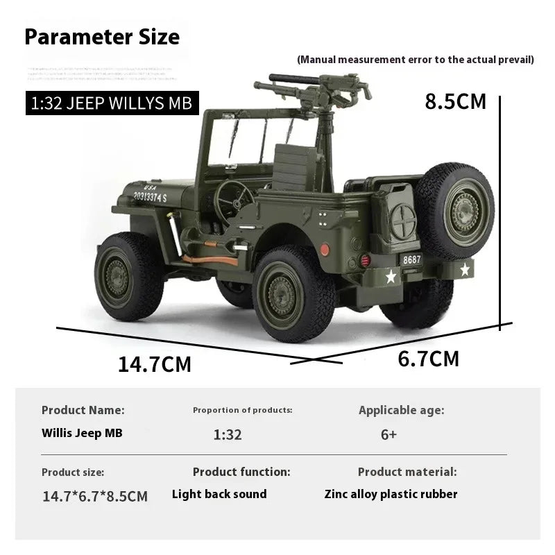 1:32 Diecast Willys GP Jeep Military Off Road Vehicle Metal Sound Light - ToylandEU