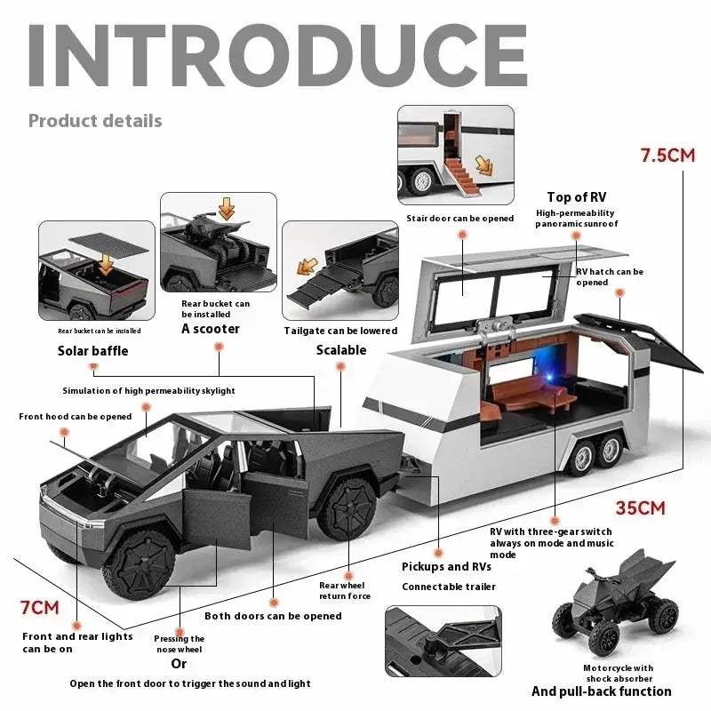 1 32 Scale Diecast Alloy Metal Cybertruck Off Road SUV With Sound And Light Toy - ToylandEU