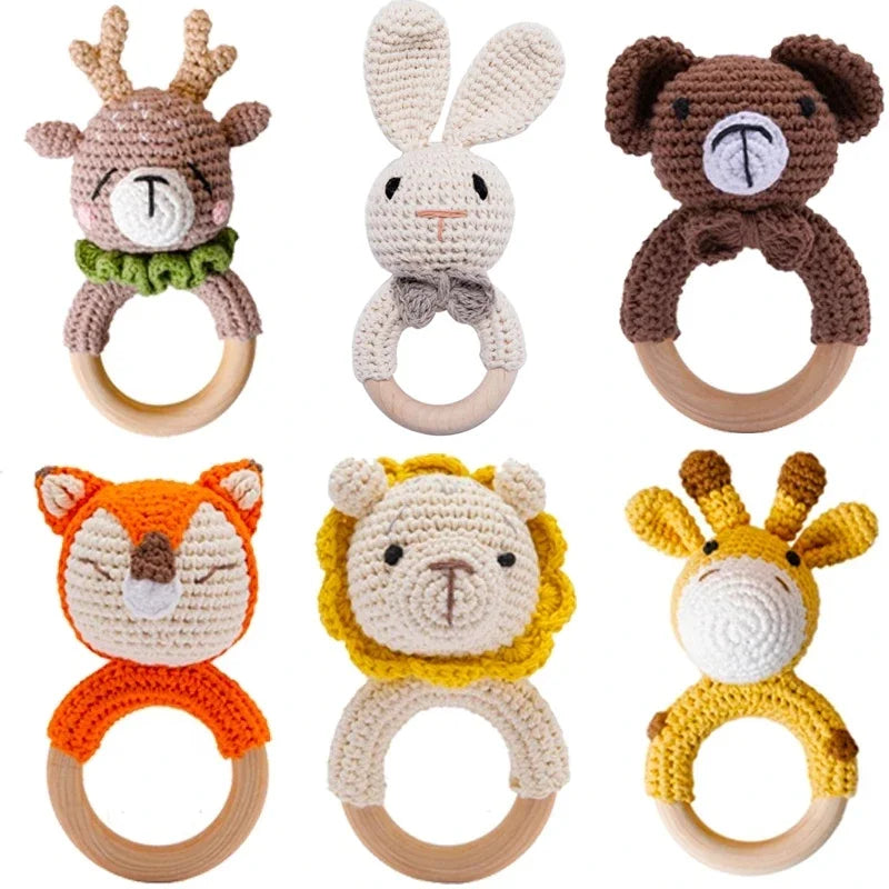 1 Piece Wooden Teether Rattle Toy With Crochet Amigurumi Animal For Newborn Unisex BPA Free - ToylandEU