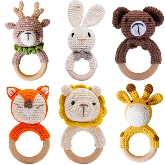 1 Piece Wooden Teether Rattle Toy With Crochet Amigurumi Animal For Newborn Unisex BPA Free - ToylandEU