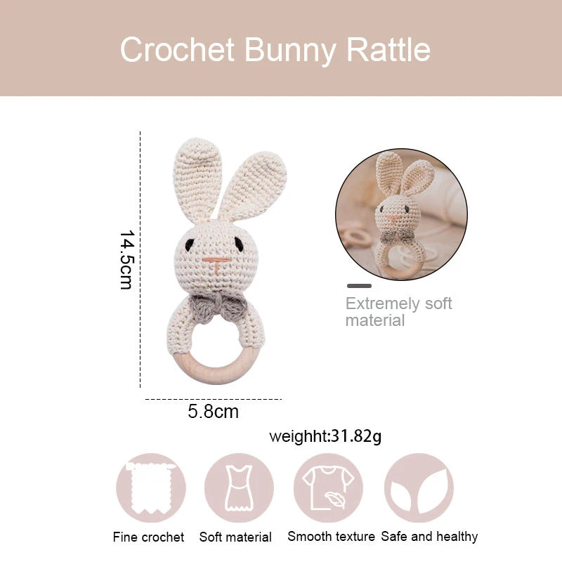 1 Piece Wooden Teether Rattle Toy With Crochet Amigurumi Animal For Newborn Unisex BPA Free - ToylandEU