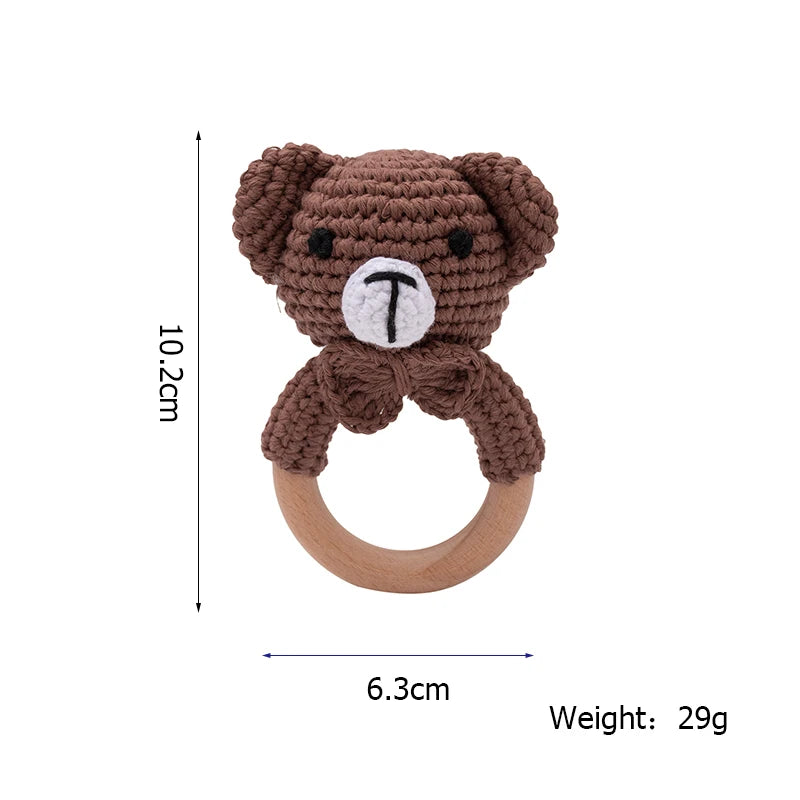 1 Piece Wooden Teether Rattle Toy With Crochet Amigurumi Animal For Newborn Unisex BPA Free - ToylandEU