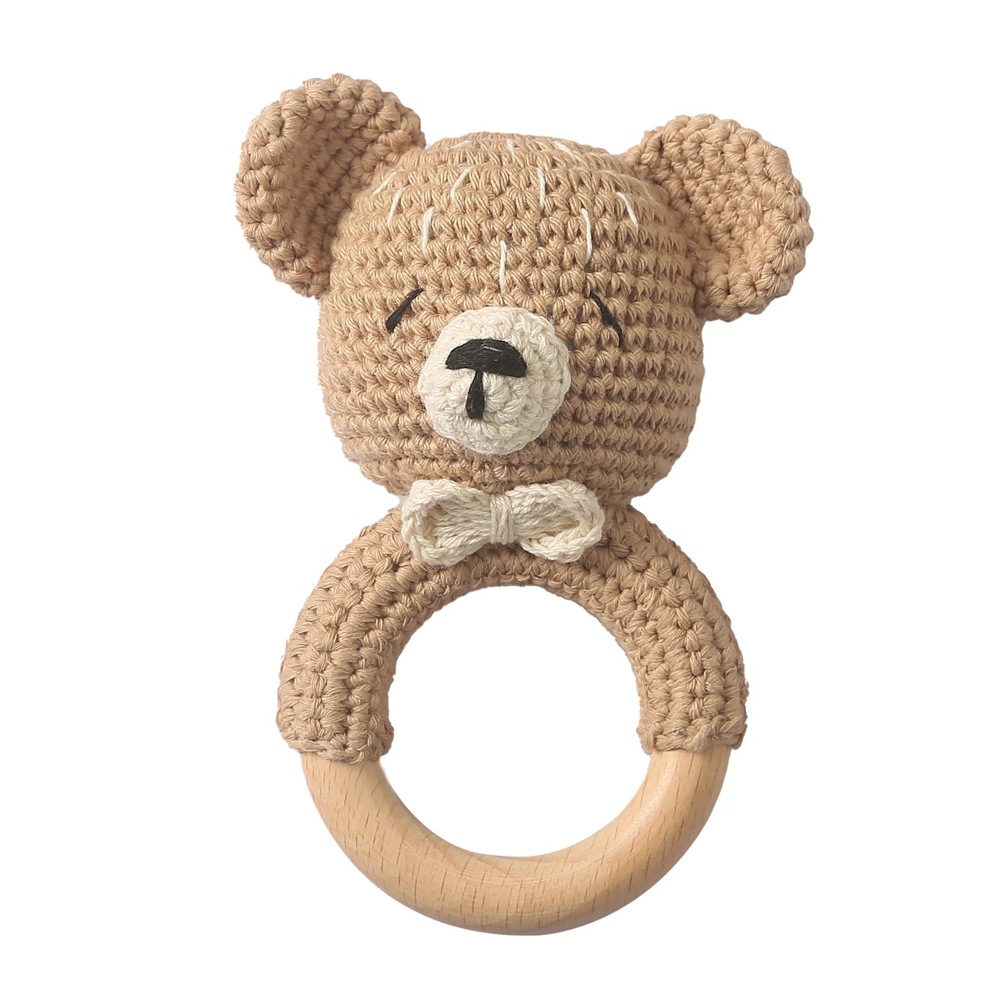 1 Piece Wooden Teether Rattle Toy With Crochet Amigurumi Animal For Newborn Unisex BPA Free - ToylandEU