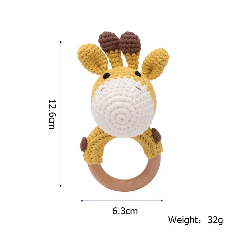 1 Piece Wooden Teether Rattle Toy With Crochet Amigurumi Animal For Newborn Unisex BPA Free - ToylandEU