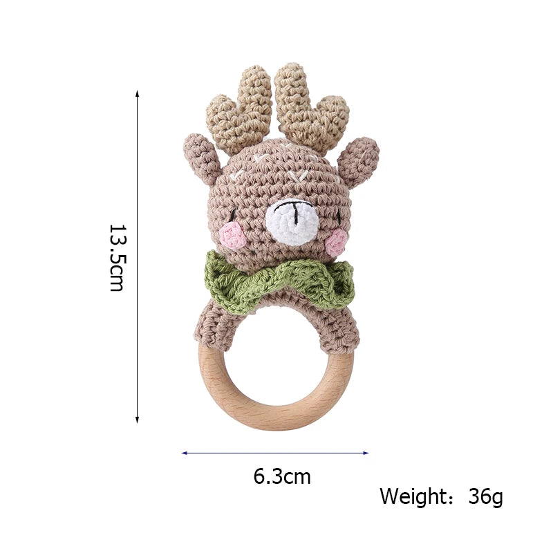 1 Piece Wooden Teether Rattle Toy With Crochet Amigurumi Animal For Newborn Unisex BPA Free - ToylandEU