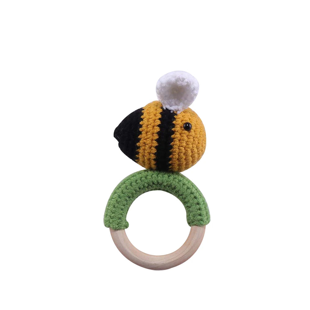 1 Piece Wooden Teether Rattle Toy With Crochet Amigurumi Animal For Newborn Unisex BPA Free - ToylandEU