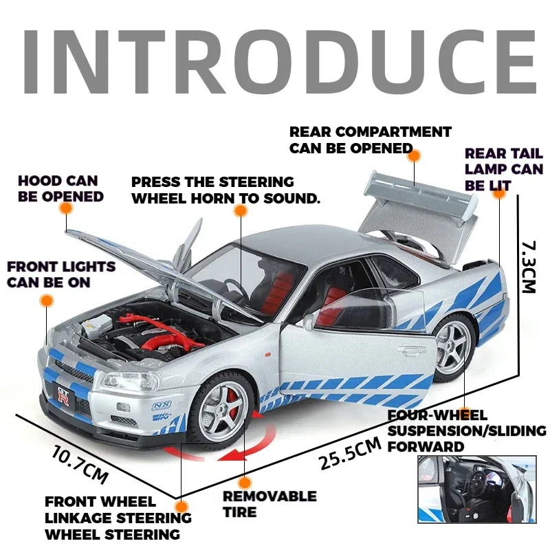 1 To 18 Nissan GTR R34 Diecast Metal Model Car With Sound And Light - ToylandEU