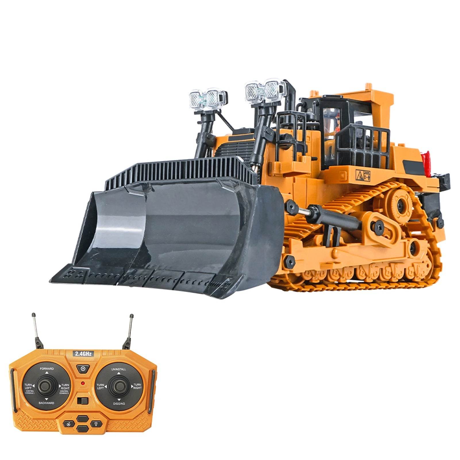 1/24 Scale 1046 Remote Control Bulldozer - 2.4GHz 9CH Engineering Truck with Lights & Music for Kids - ToylandEU
