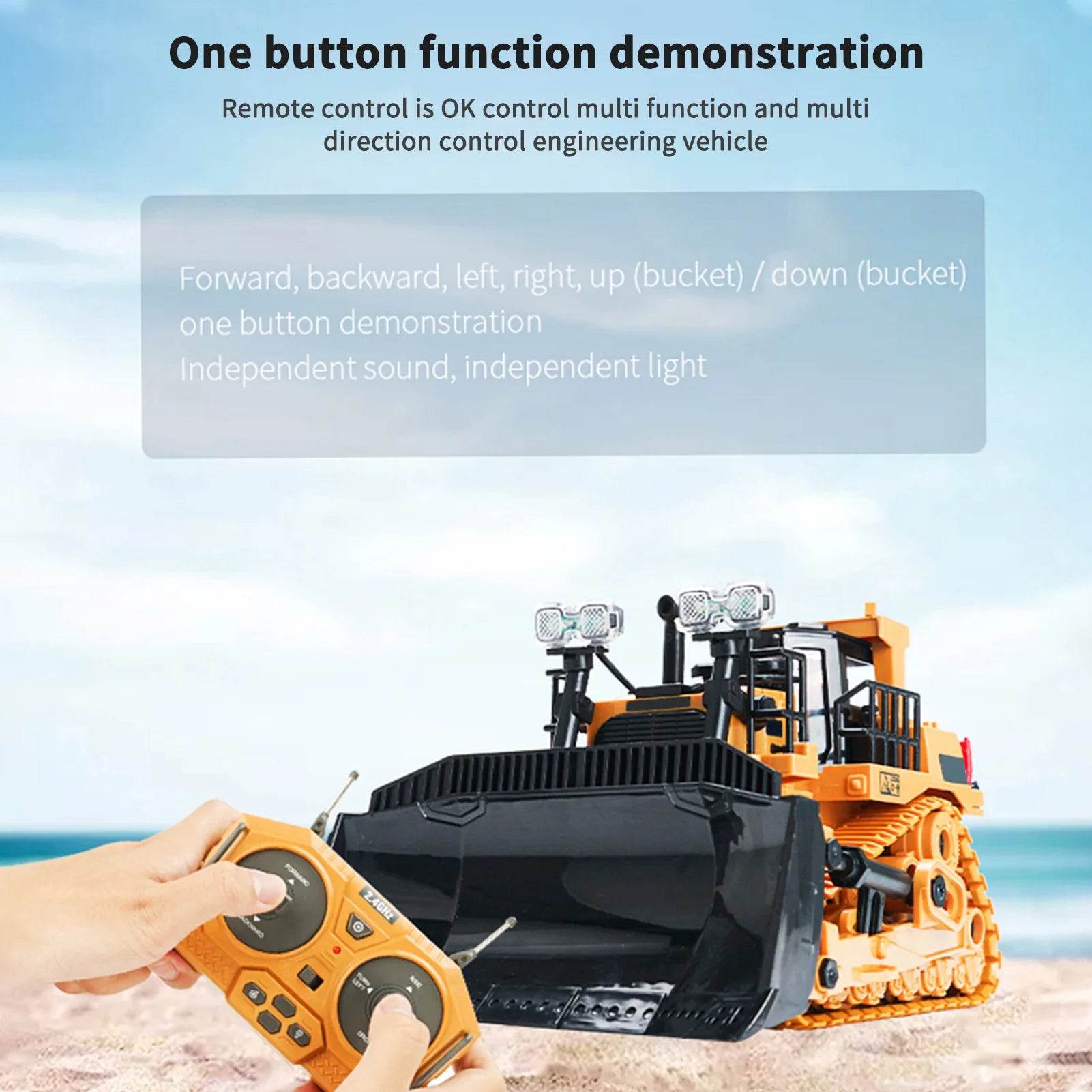 1/24 Scale 1046 Remote Control Bulldozer - 2.4GHz 9CH Engineering Truck with Lights & Music for Kids - ToylandEU