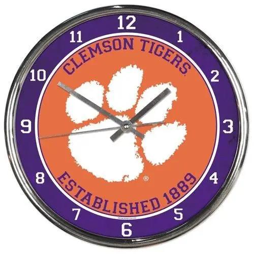 Clemson Tigers Clock Round Wall Style Chrome Periodic Restock