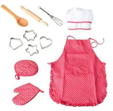 11 Piece Set Apron for Little Girls Kids Cooking Baking Set with Chef Hat Mitt and Utensils for Toddler Dress Up Chef Costume Role Play - ToylandEU