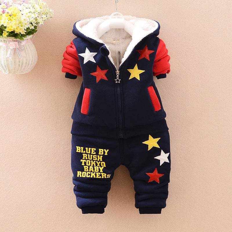 Boys' Korean-Style Plus-Velvet Thickened Winter Three-Piece Set | Pantsuit