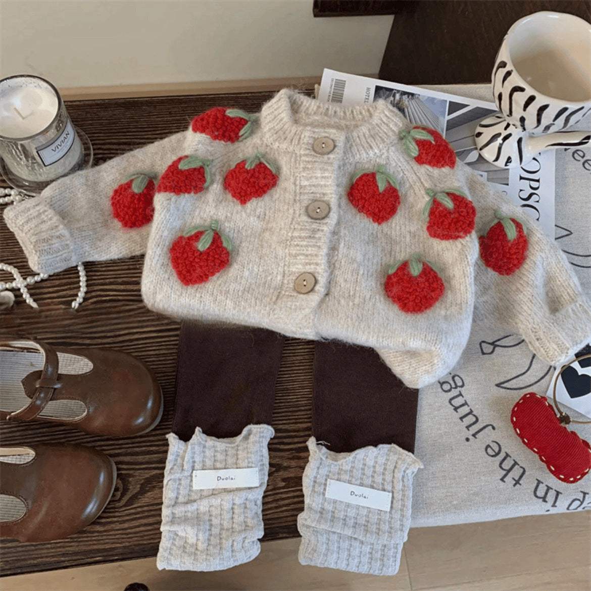 Baby Strawberry Knitted Cardigan And Pants Two-Piece Set | Cotton | Korean Style Style