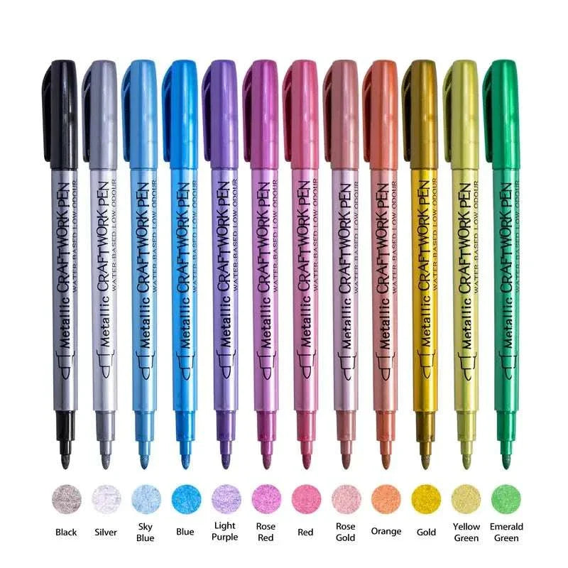  12 Colors Metallic Markers Pens Silver Gold Paint Pens for Black Paper, Glass, Rock Painting 