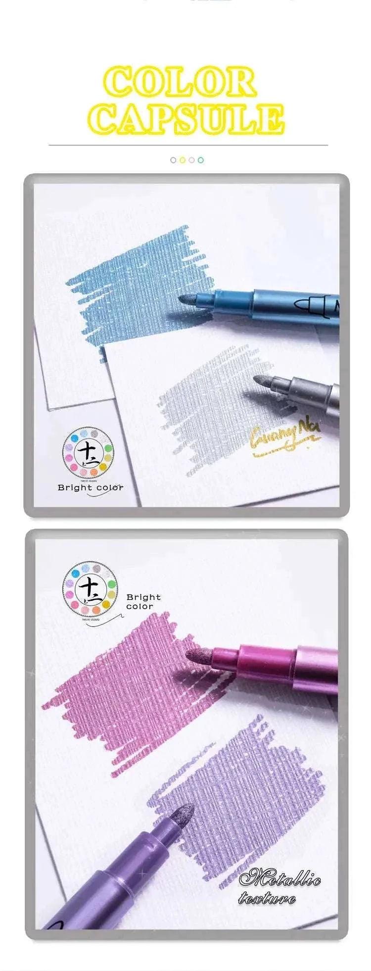 12 Colors Metallic Markers Pens Silver Gold Paint Pens for Black Paper, Glass, Rock Painting