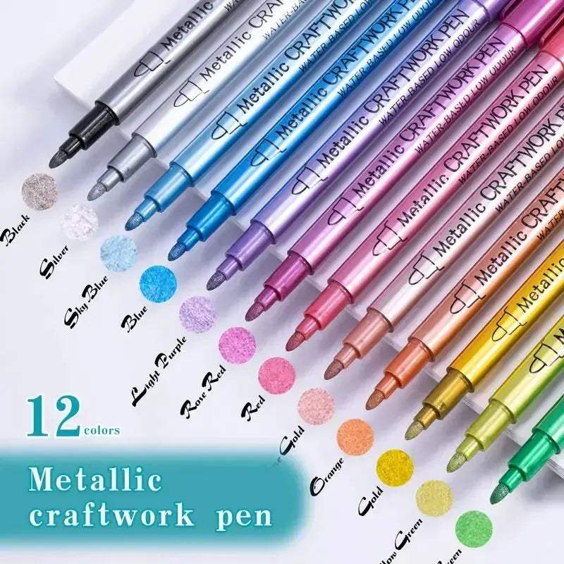12 Colors Metallic Markers Pens Silver Gold Paint Pens for Black Paper, Glass, Rock Painting - ToylandEU