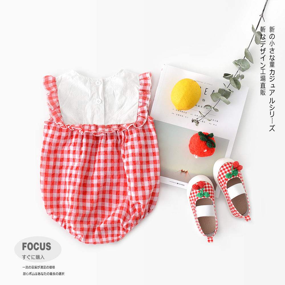Baby Girl Plaid Lace-Sleeve Triangle Romper | Sleeveless