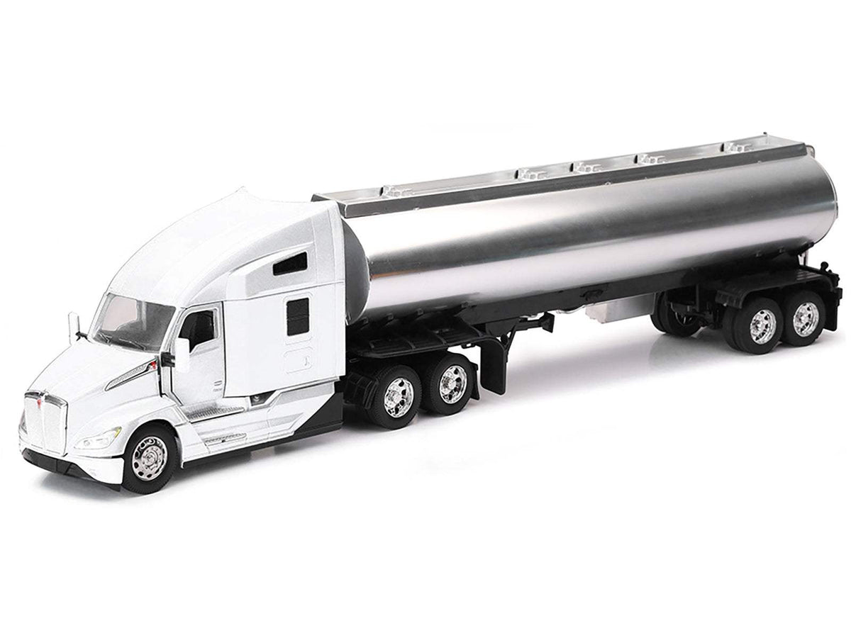 Kenworth T680 Truck White with Oil Tanker Trailer Chrome | 1/32 Diecast Model Truck | New Ray | Long Haul Trucker Series