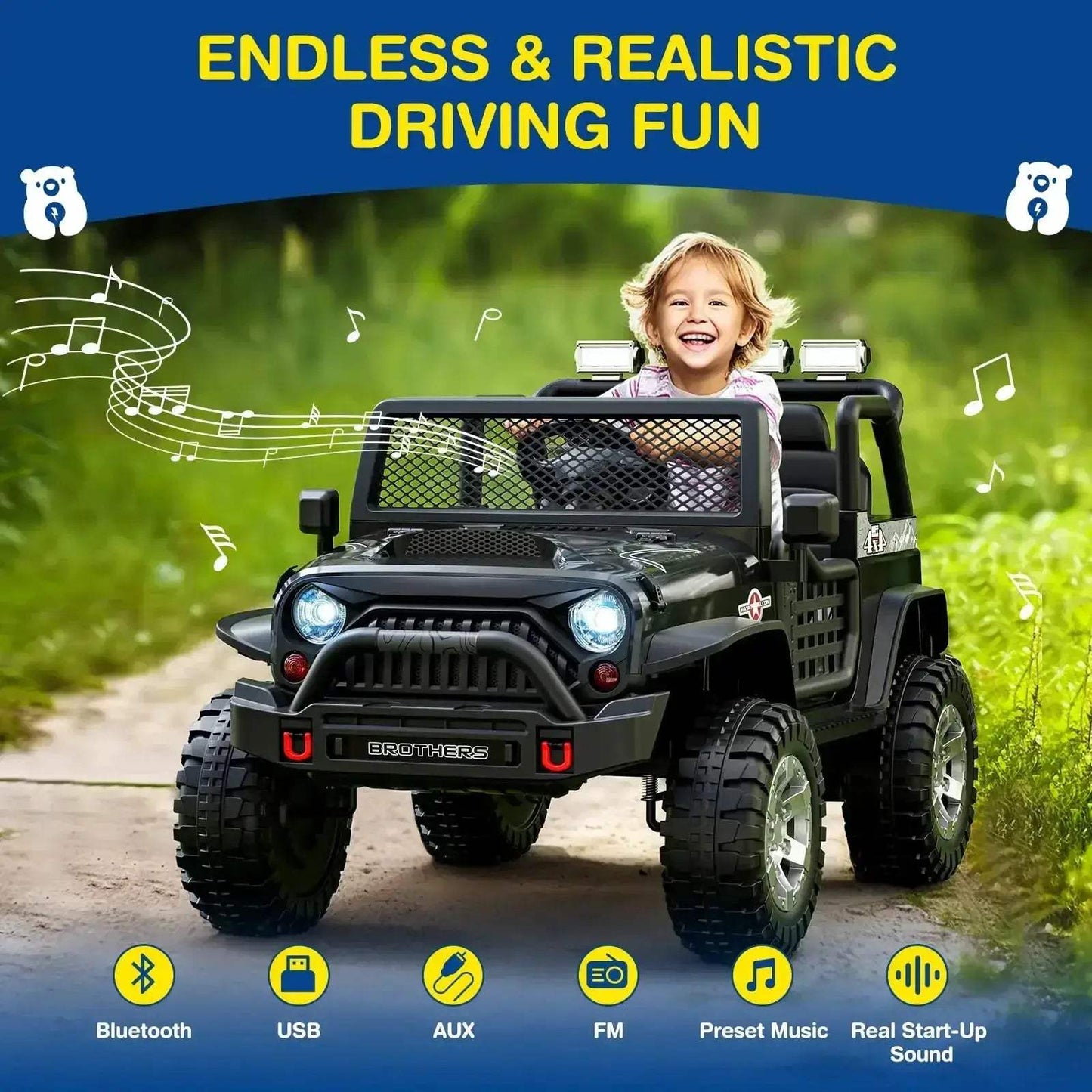 12V 2-Seater Kids Ride On Car With Bluetooth LED Lights - ToylandEU