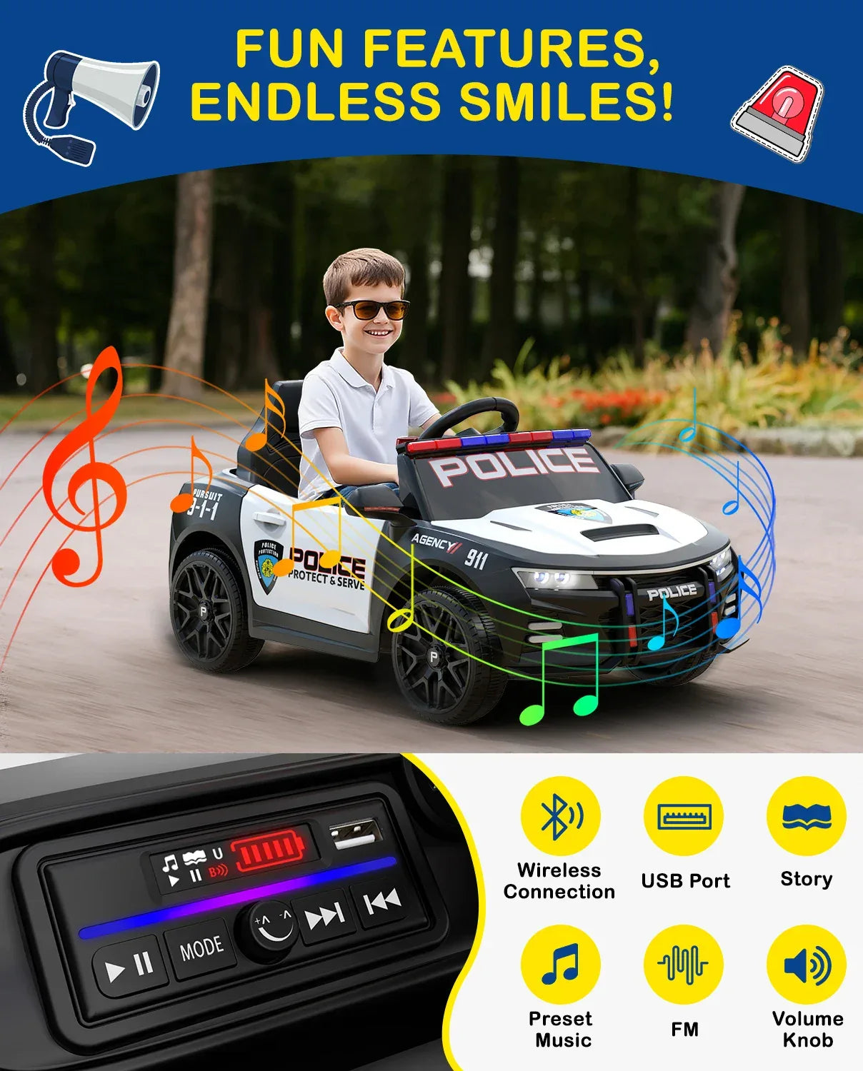 12V Kids Ride On Police Car With Remote LED Lights - ToylandEU