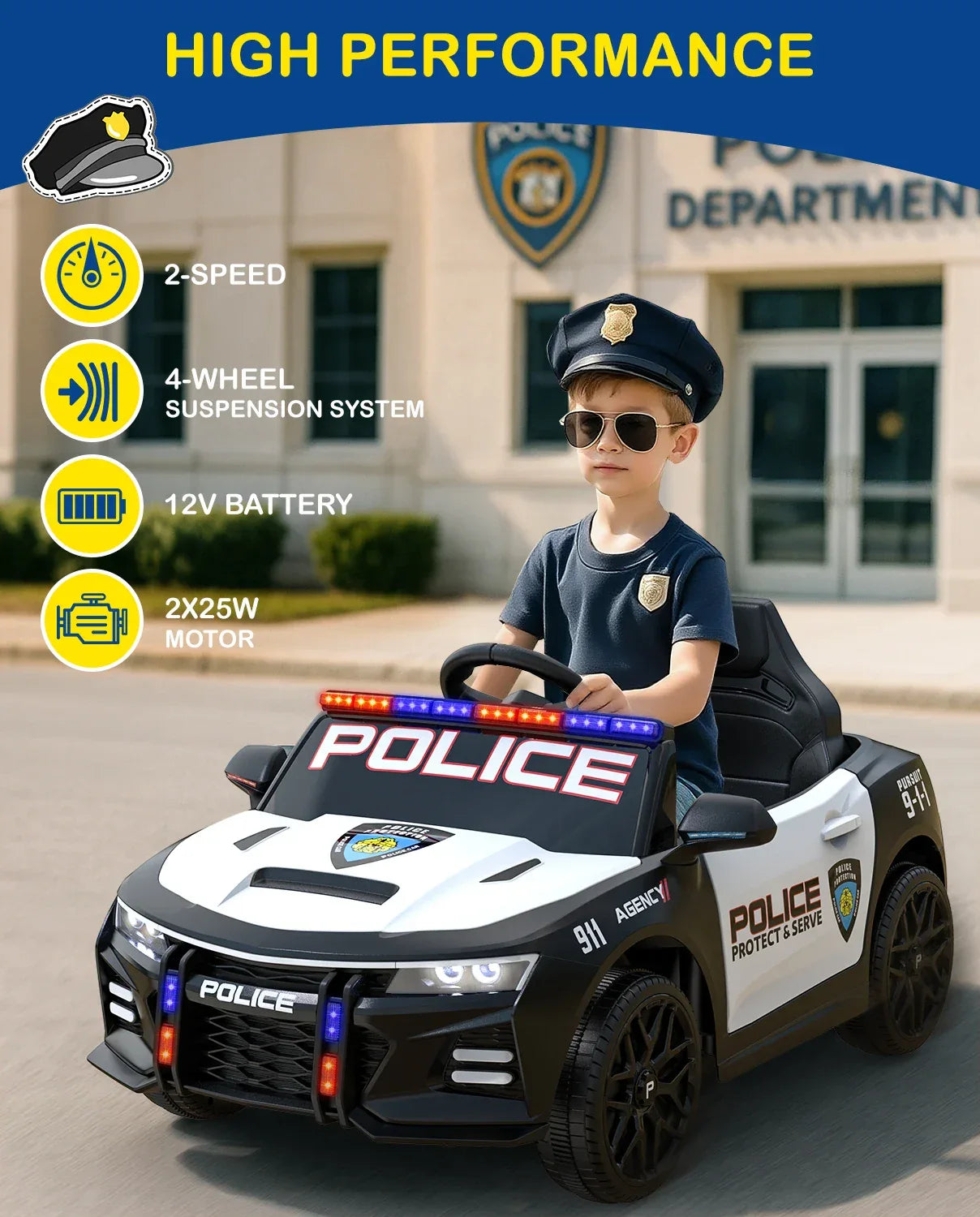 12V Kids Ride On Police Car With Remote LED Lights - ToylandEU