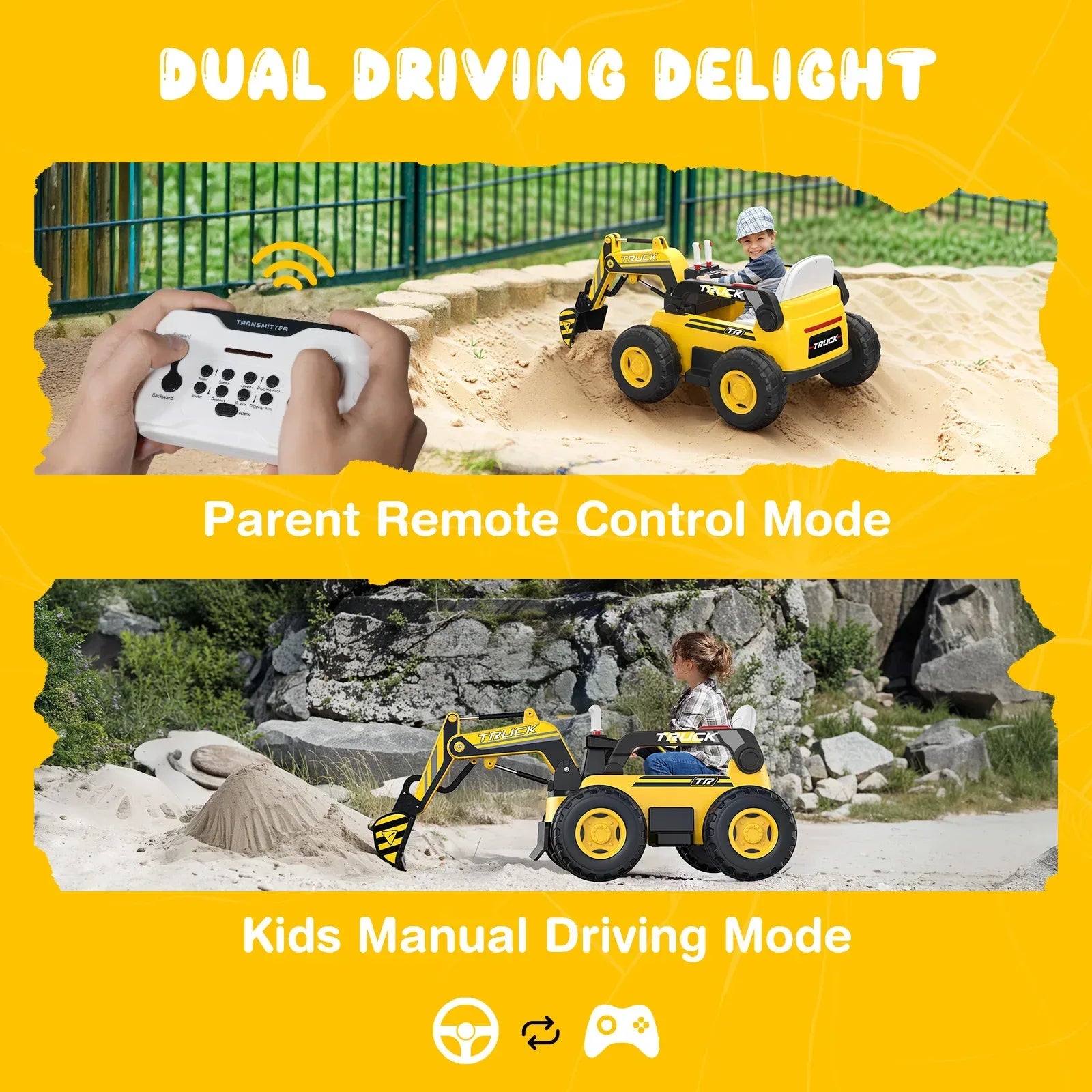 12V Ride On Excavator For Kids With Realistic Digging Arm - ToylandEU