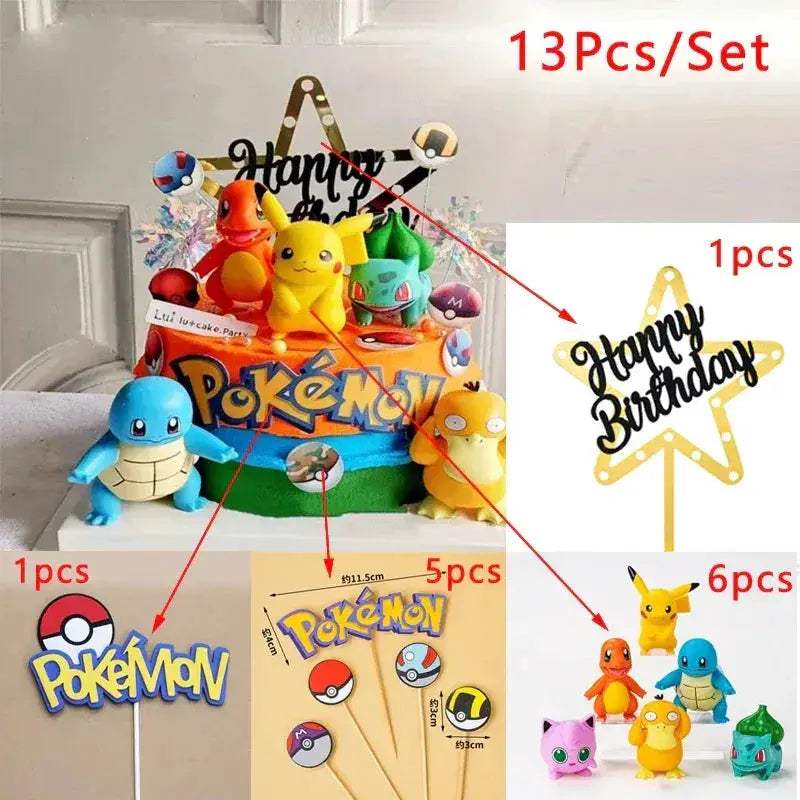 13 PCS Set Pokemon Cake Topper Party Anime Figure, Pikachu Happy Birthday Cake Decoration Ornament Pikachu Bulbasaur Psyduck Charmander Squirtle Jigglypuff - ToylandEU