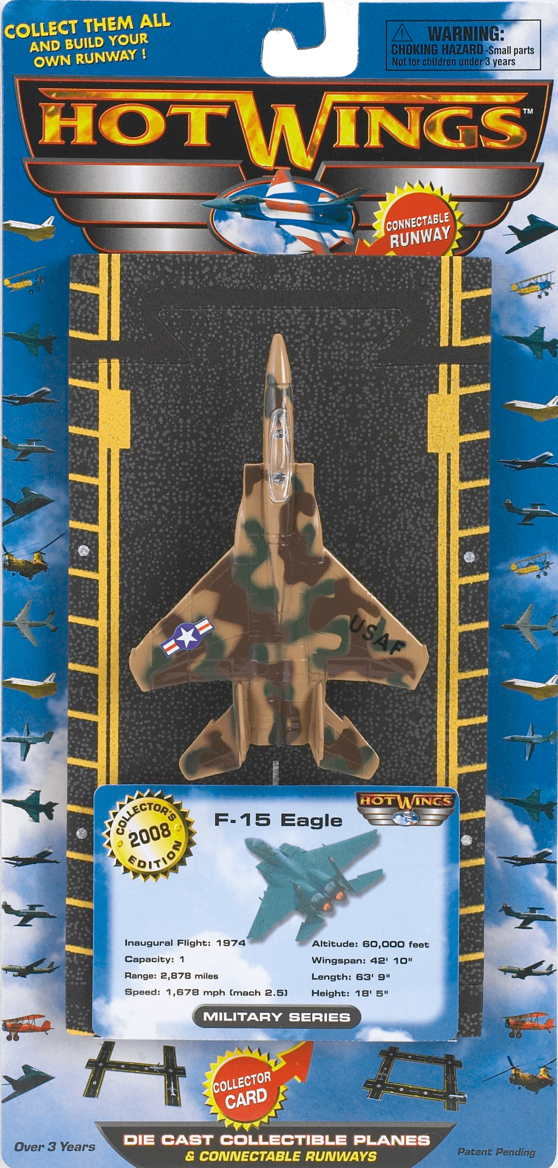 Hot Wings F-15 Eagle Fighter | Diecast | Connectable Runway | Collector Card