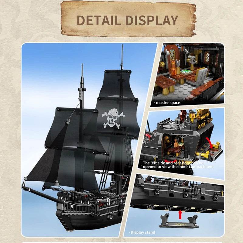 1424PCS Black Pirate Ship Building Blocks Skeleton Ghost Boat - ToylandEU