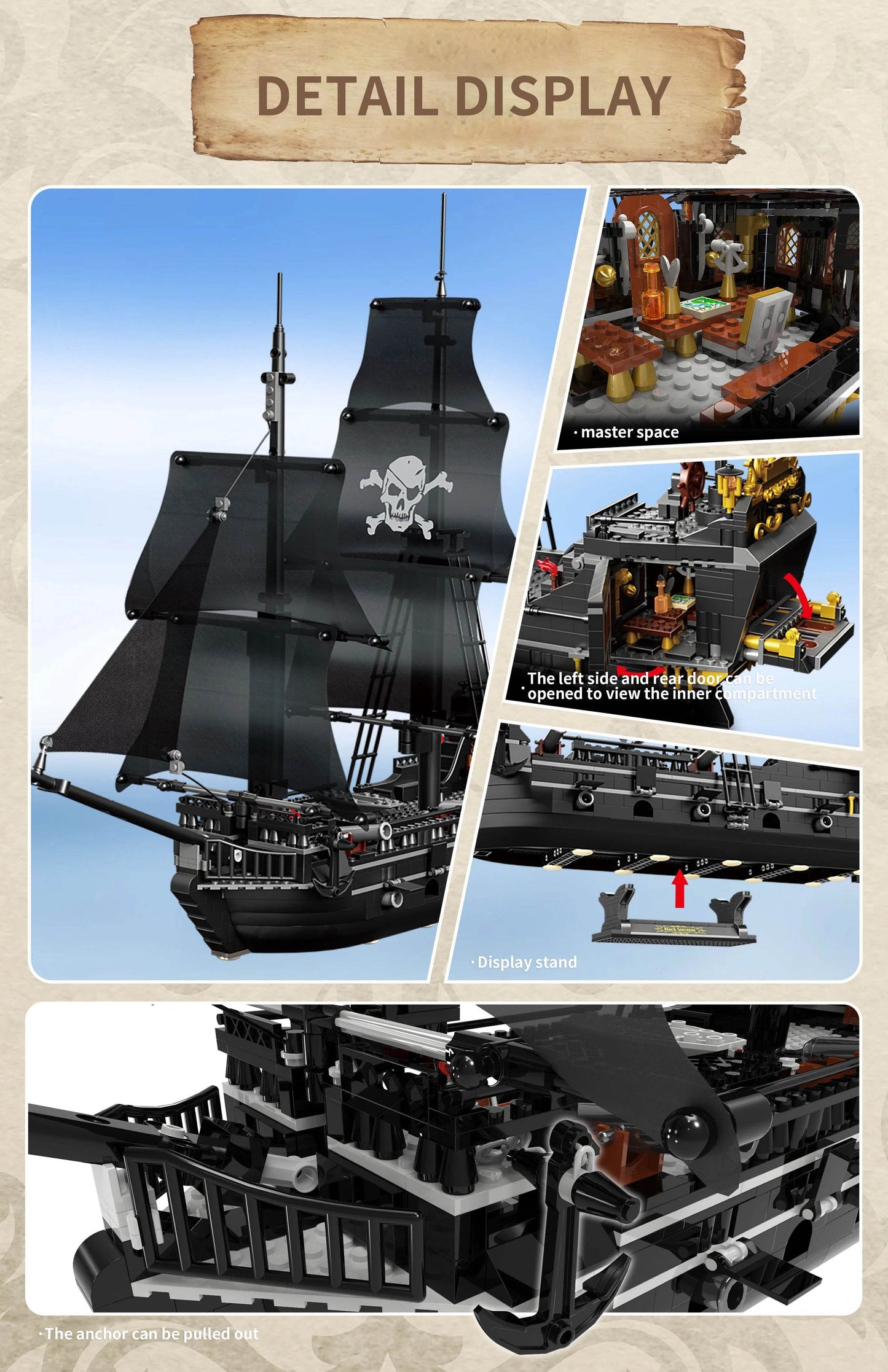 1424PCS Black Pirate Ship Building Blocks Skeleton Ghost Boat - ToylandEU