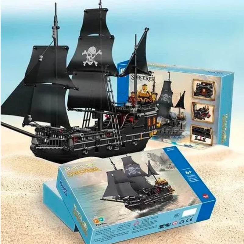 1424PCS Black Pirate Ship Building Blocks Skeleton Ghost Boat - ToylandEU