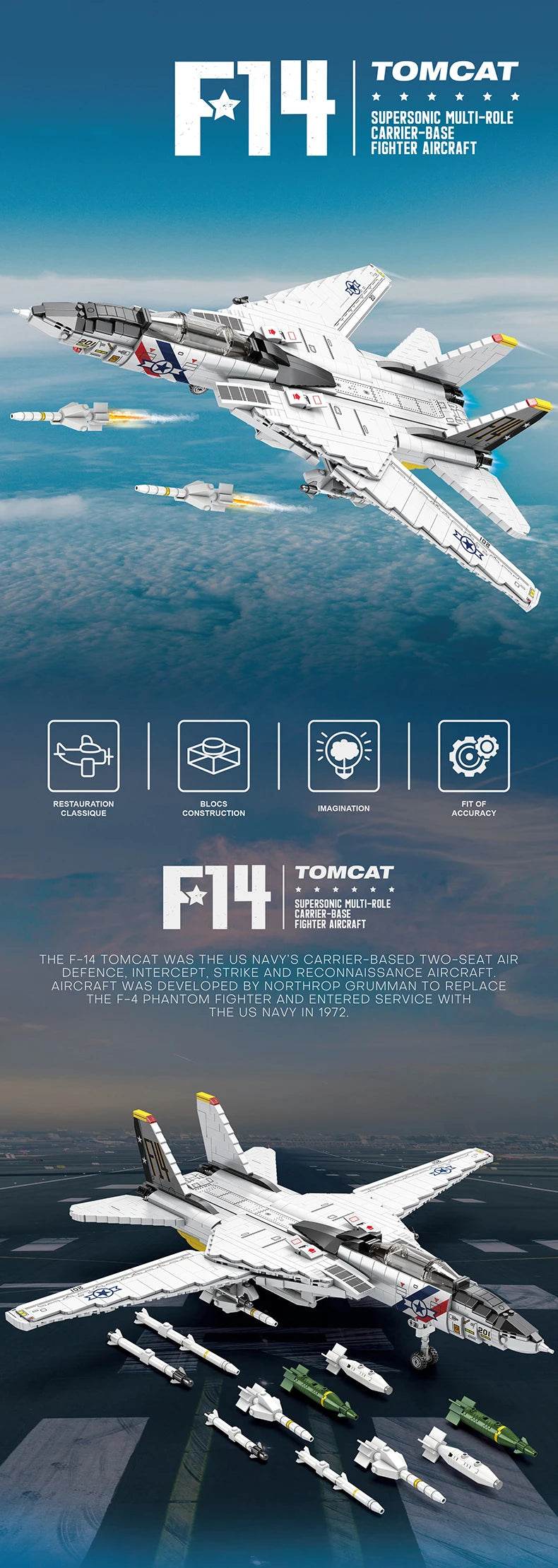 1443PCS Military Tomcat F14 Fighter Aircraft Building Blocks - ToylandEU