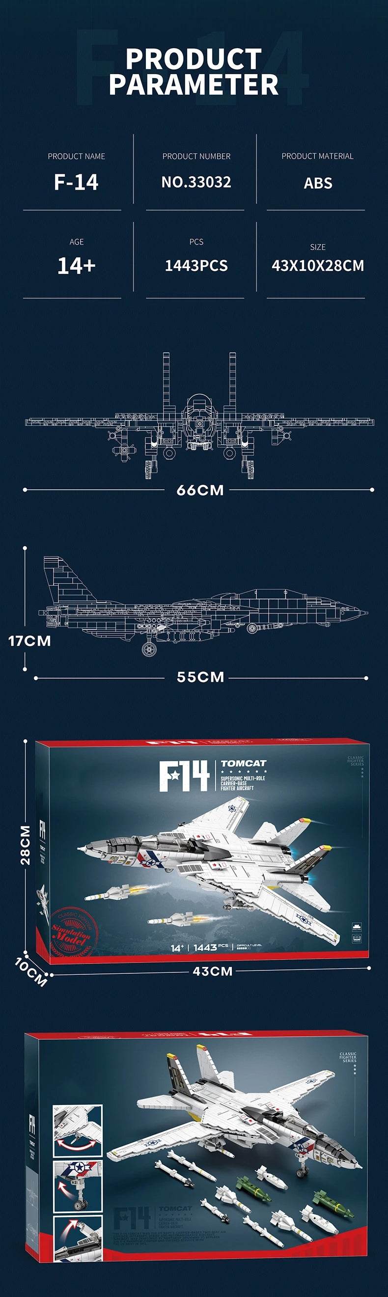 1443PCS Military Tomcat F14 Fighter Aircraft Building Blocks - ToylandEU