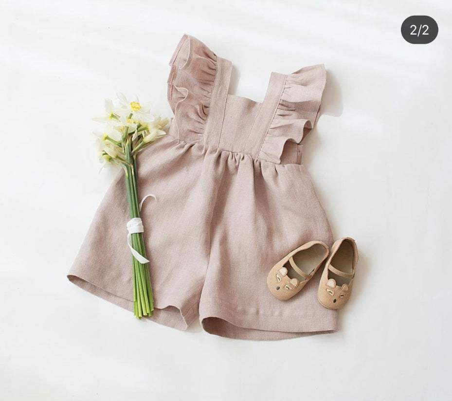 Infant Cotton And Linen One-Piece Strap Shorts Romper | Green, Apricot, Brown And Khaki