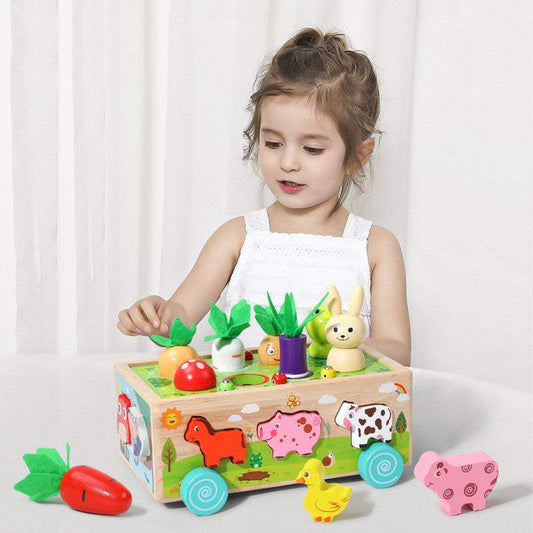 Wooden Farm Animal Car Radish Pulling Toy | Ages 0-3 | Baby Activity Toys