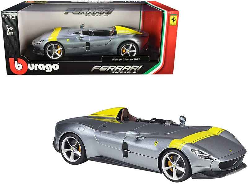 Ferrari Monza Sp1 Diecast by Bburago | Silver Metallic Yellow Stripes | 1/18 Scale